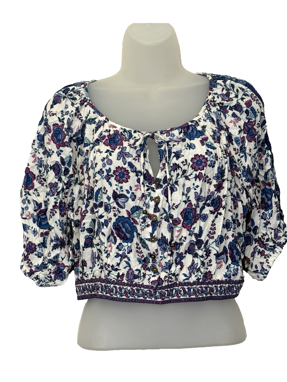 Joie Medium Crop Top Boho Floral Puff Sleeves Keyhole Neck Elastic Waist Blue